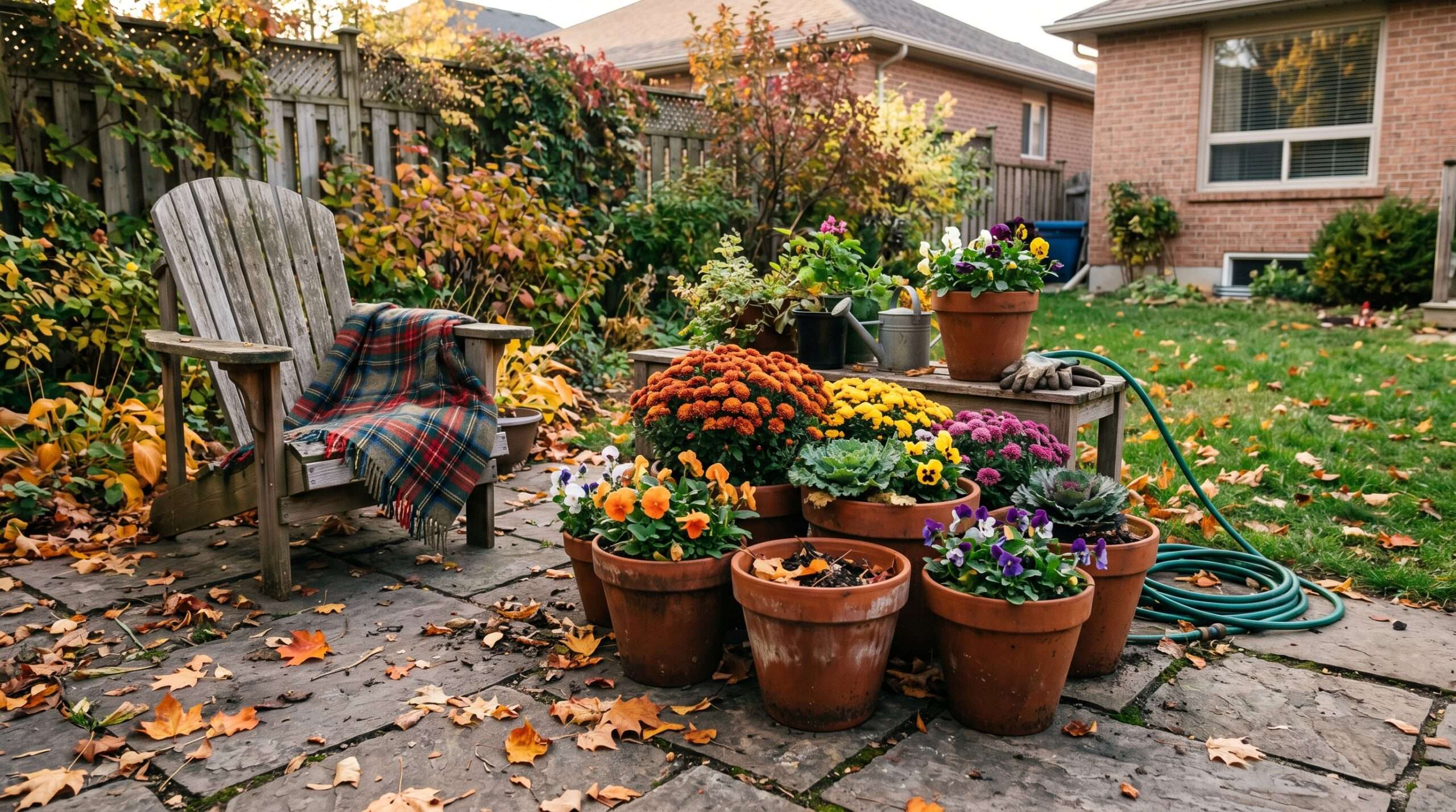 Warm autumn backyard patio with colorful potted mums and pansies on a crisp October day