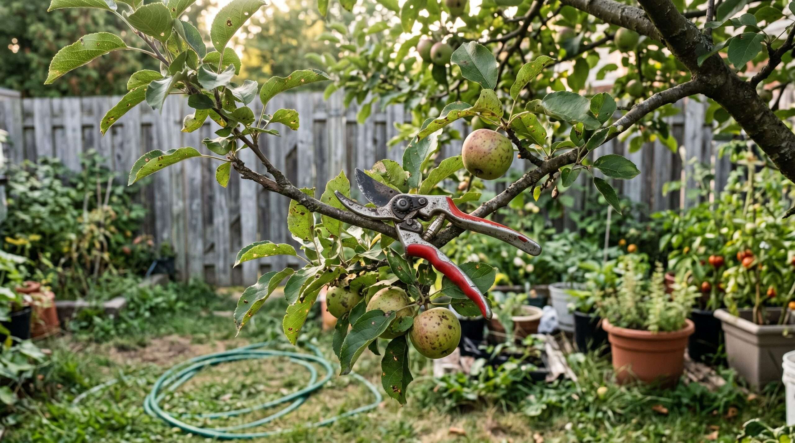 A pair of rustic bypass pruners resting on an authentic apple tree branch in a sunlit suburban backyard garden in August.