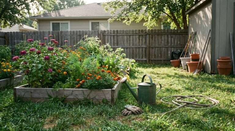 A vibrant, slightly chaotic home garden bed filled with mixed purple flowers and green vegetables under warm morning sunlight next to a metal watering can