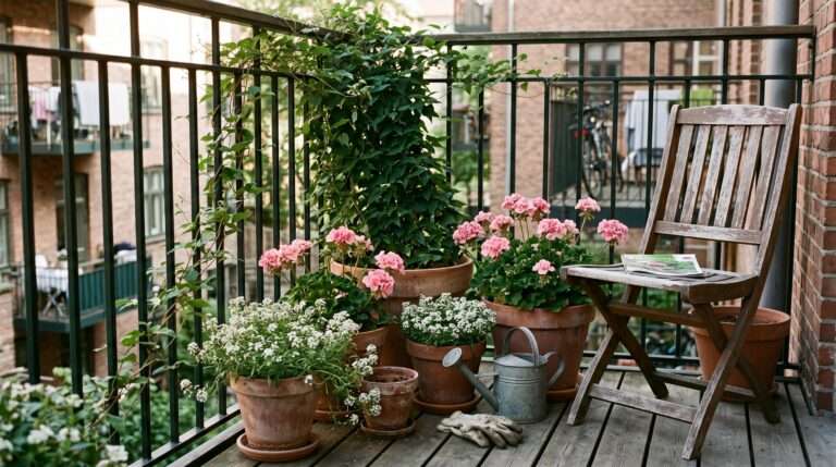 Cozy cottage style apartment balcony filled with potted flowers beside a wooden bistro chair