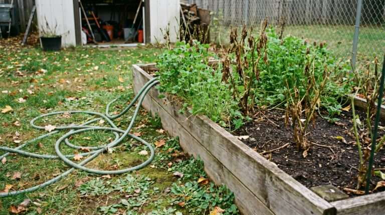 Green cover crop sprouts growing around old pepper plant stalks in a wooden raised bed in a suburban autumn backyard.