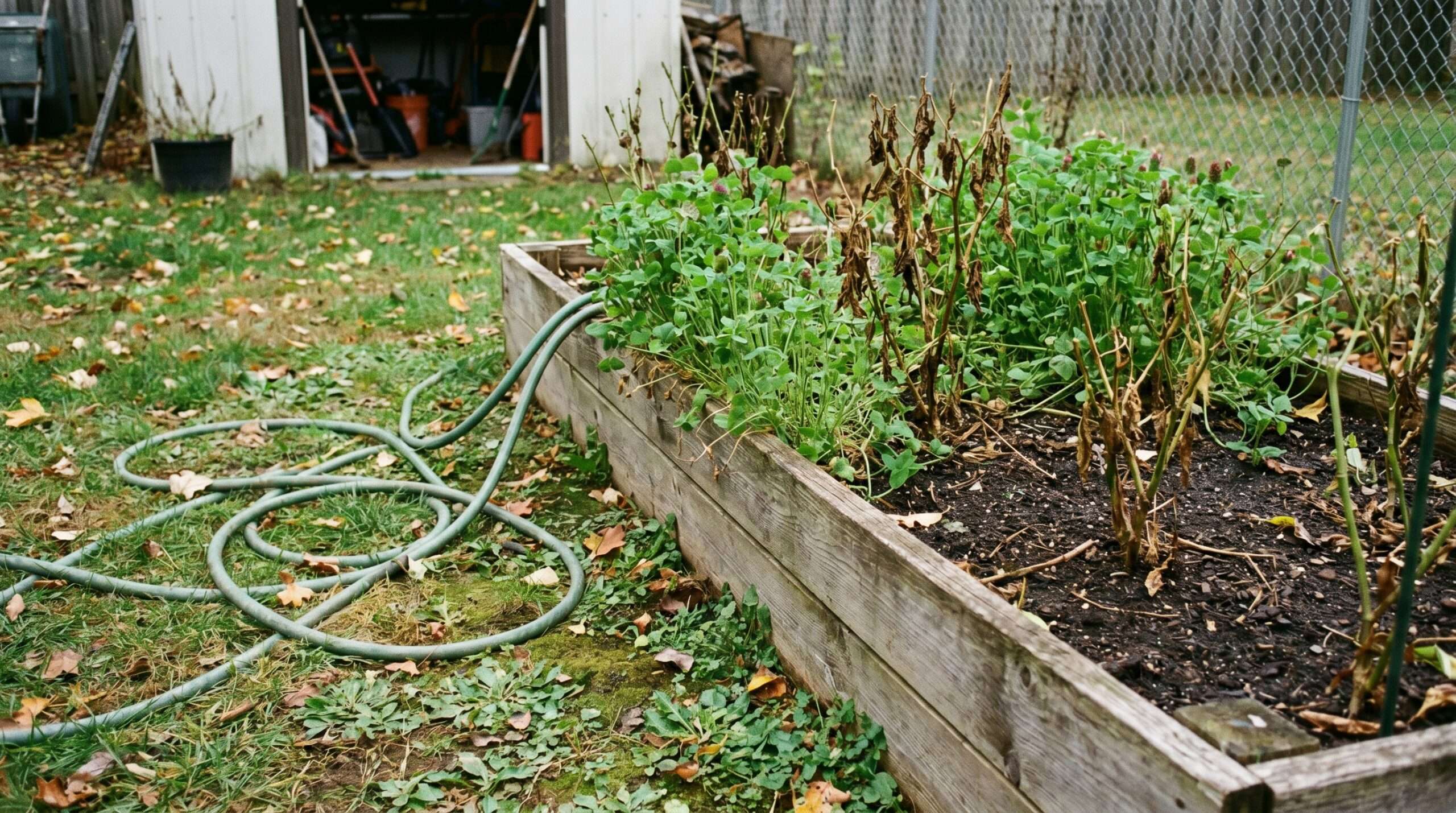 Green cover crop sprouts growing around old pepper plant stalks in a wooden raised bed in a suburban autumn backyard.