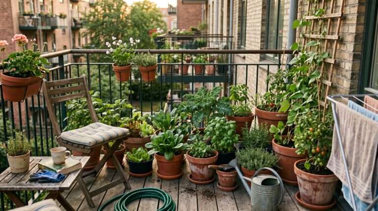 There are various terracotta and plastic pots filled with green vegetables and herbs. A small wooden chair sits in the corner. The lighting is warm late-afternoon sun, showing realistic shadows and a slightly cluttered but cozy gardening atmosphere.