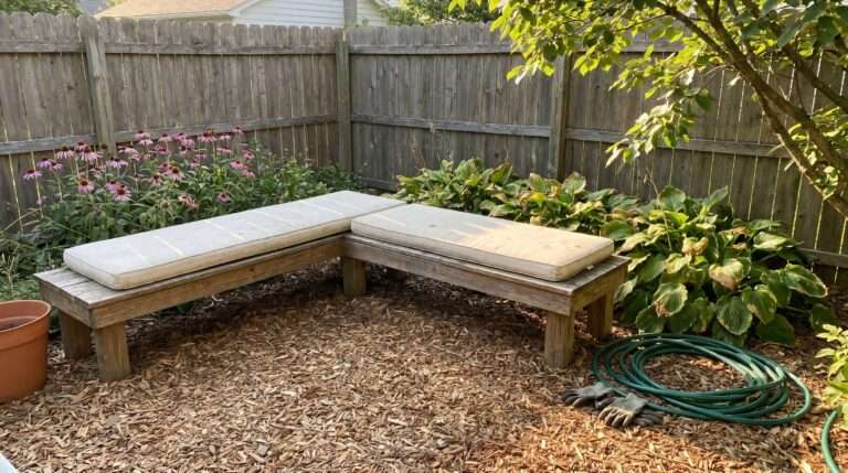 Cream cushioned wooden bench on a cedar mulch floor in a sunny backyard corner nook.