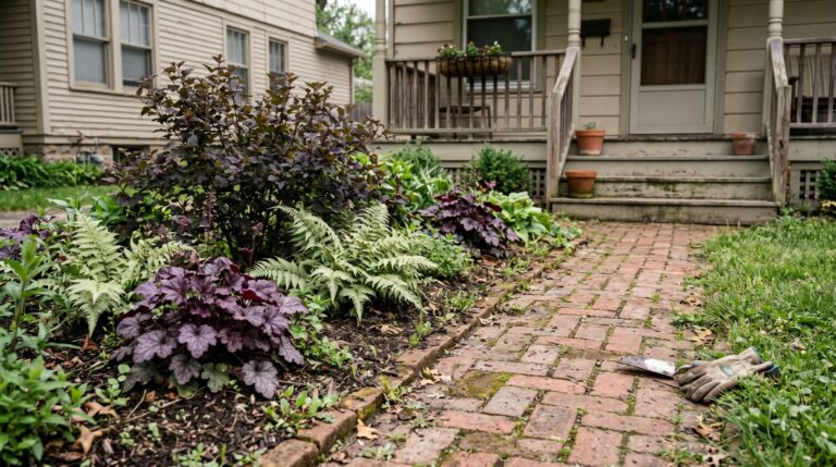 A realistic front yard garden bed running alongside an old brick walkway leading to a porch. The lighting is soft and natural, like an early morning overcast day. In the bed, there is a mix of deep purple coral bells, a textured dark shrub, and some light green ferns growing together with slight, natural asymmetry. The grass edge is slightly uneven, showing a real, lived-in home garden atmosphere rather than a pristine commercial landscape.