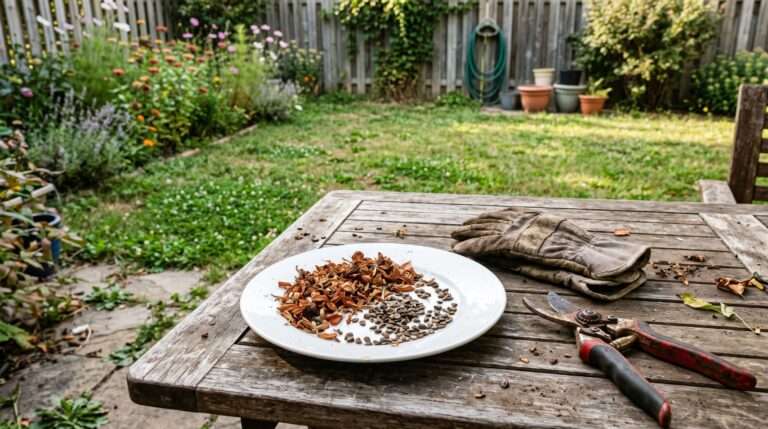 A high-quality, authentic photo of a home garden table filled with drying zinnia seed heads, old garden gloves, and shears under natural summer sunlight.