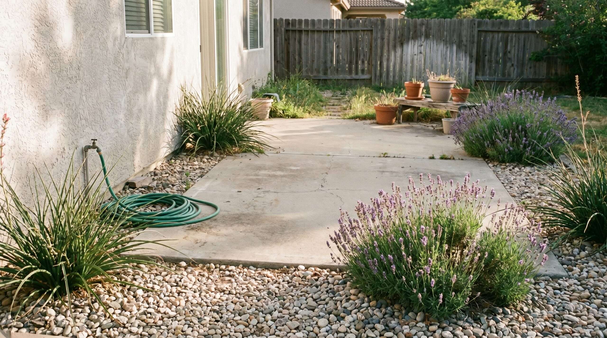 An authentic fire-safe home backyard landscape featuring gravel borders, concrete patios, and healthy fire resistant plants.