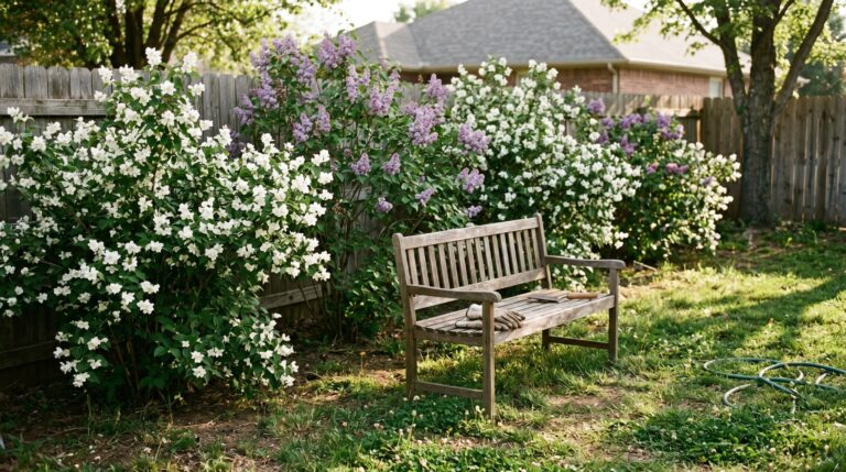 A lush, natural privacy screen made of flowering shrubs behind a simple wooden bench in a sunny, authentic suburban backyard.