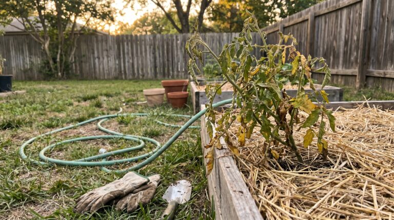 Real home garden view of a tomato plant recovering from summer heat stress with straw mulch on the soil.