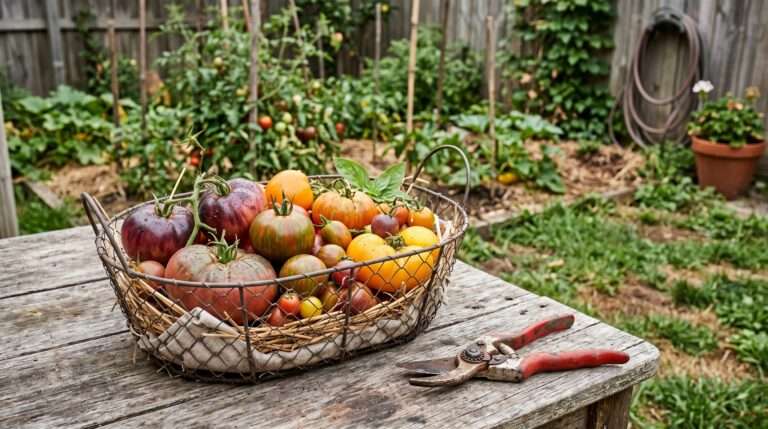 A rustic wire basket filled with freshly harvested, multicolored heirloom tomatoes on a wooden garden table.