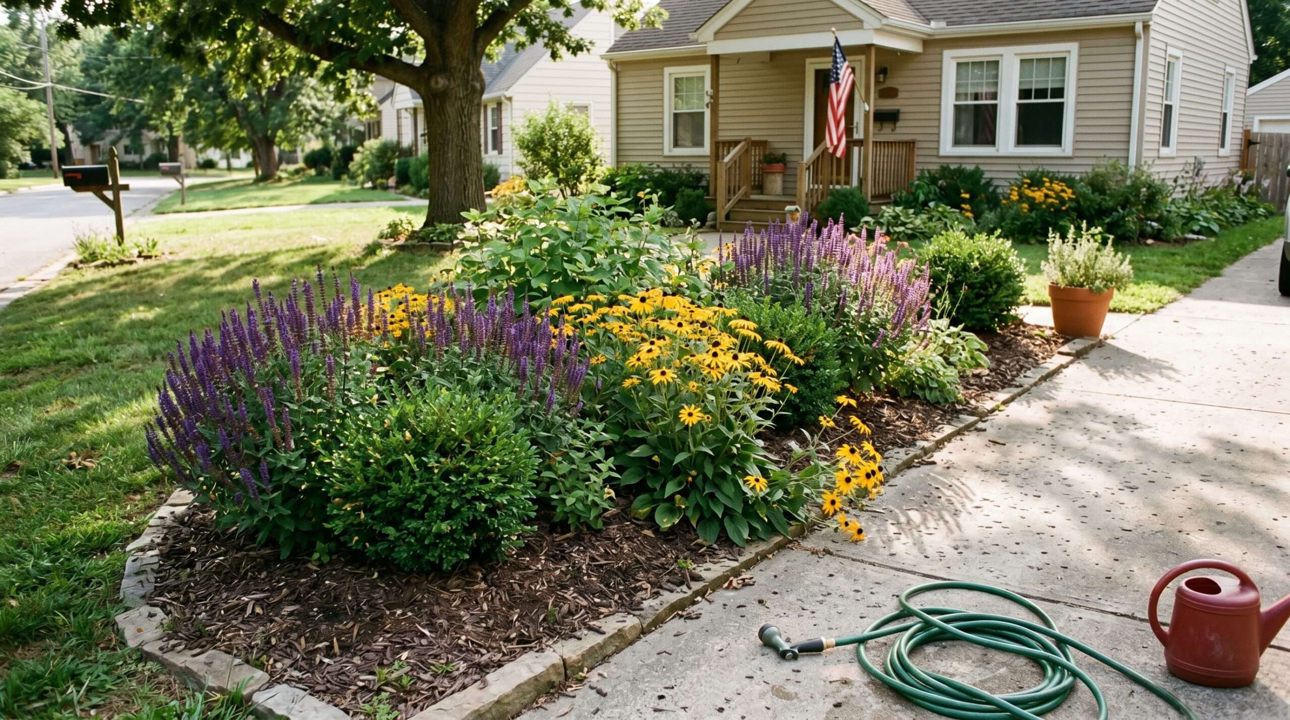 Rich jewel tone garden bed in front of a classic suburban home under afternoon sun