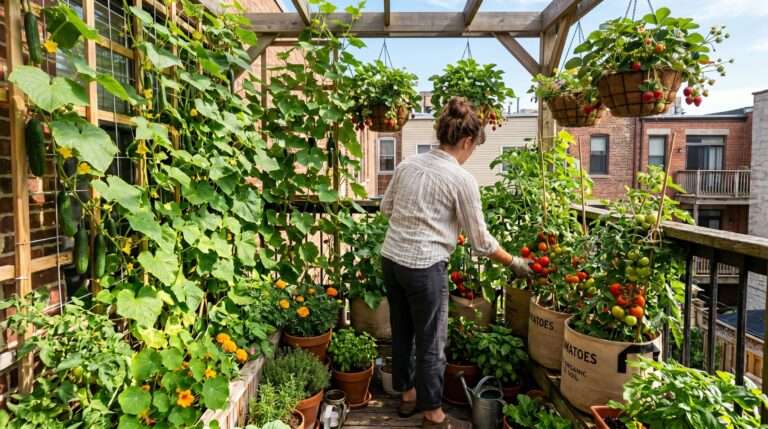 Lush and productive 5x5 balcony garden with vertical trellises and vegetable containers in morning sunlight.