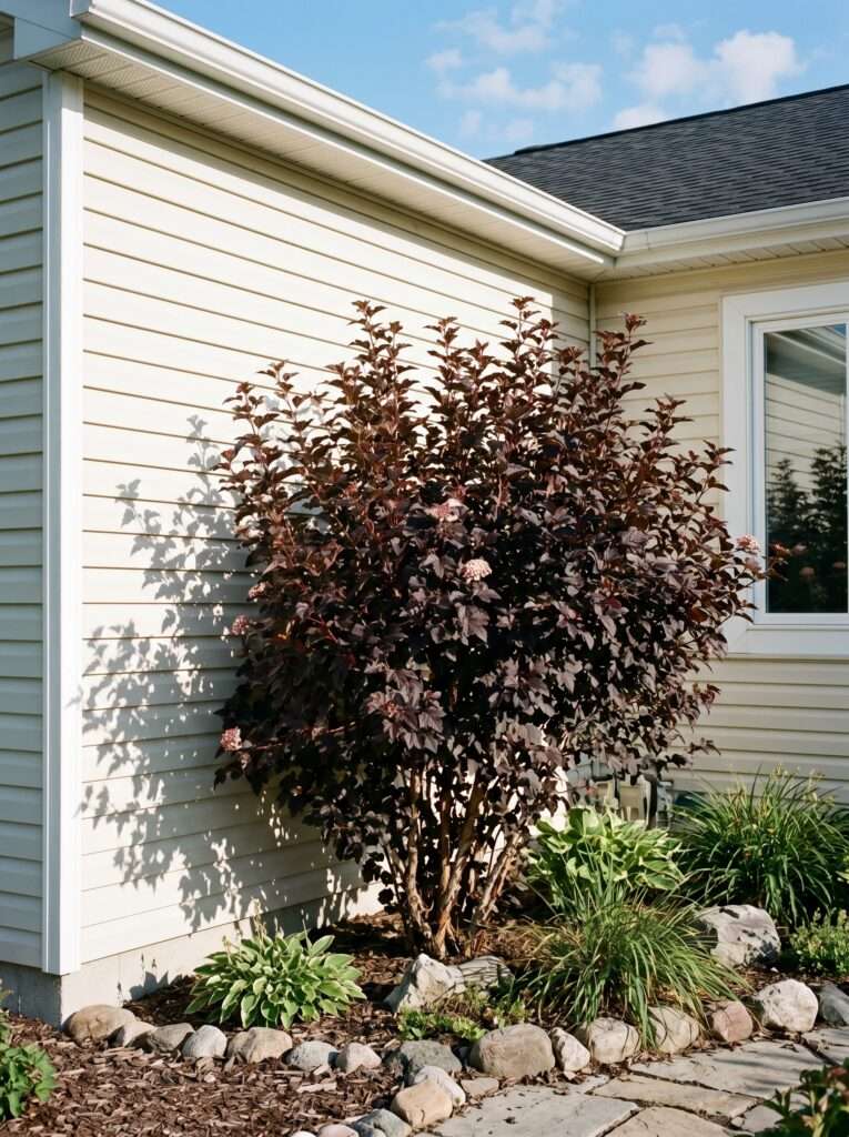Dark plum九bark shrub foliage growing against light cream vinyl house siding
