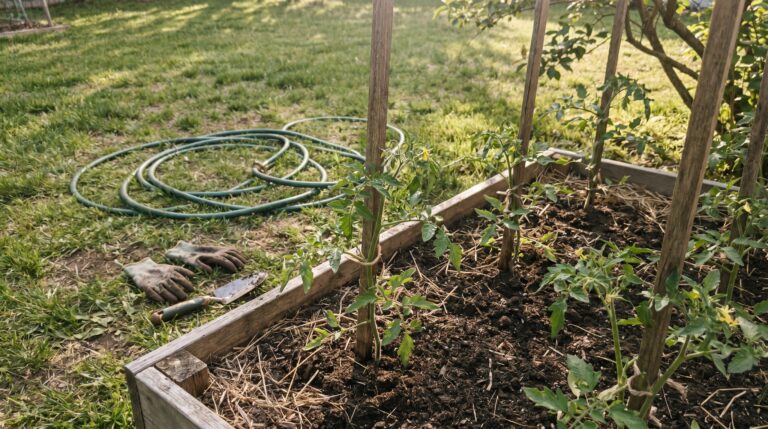 A real backyard vegetable garden in mid-May with young green tomato plants supported by simple wooden stakes in dark, organic soil with natural straw mulch under warm afternoon sunlight.