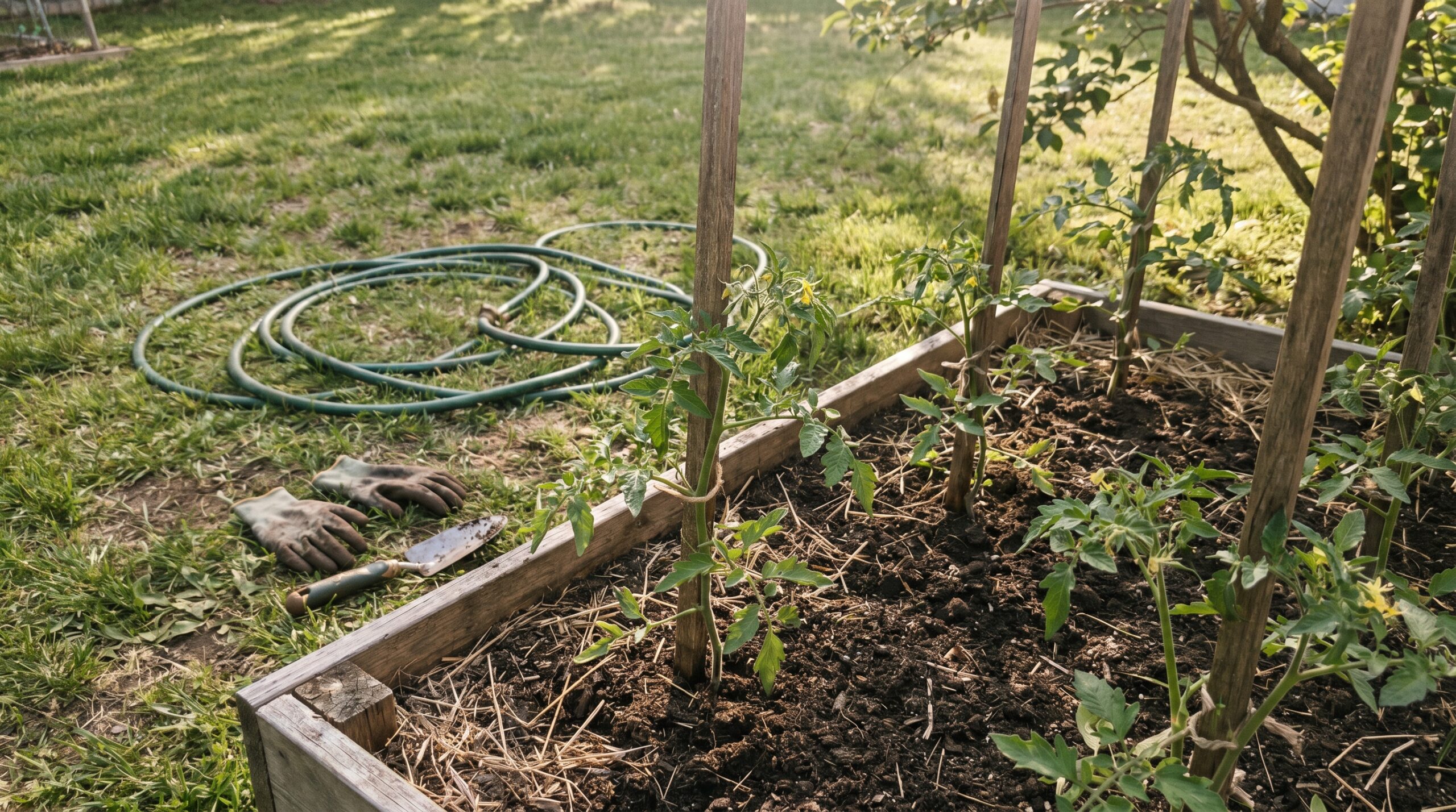 A real backyard vegetable garden in mid-May with young green tomato plants supported by simple wooden stakes in dark, organic soil with natural straw mulch under warm afternoon sunlight.
