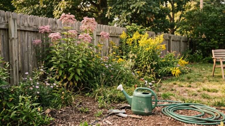 A real suburban US backyard garden plot on a late August afternoon, featuring tall pink Joe-Pye weed and bright yellow goldenrod flowers blooming next to a simple, slightly weathered wooden fence, with a plastic watering can resting casually on a patch of mulch under warm, natural evening sunlight.