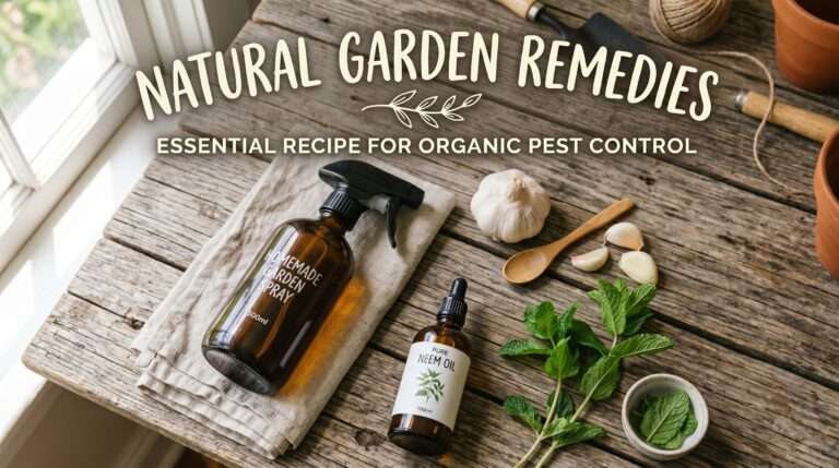 weathered wooden table featuring a spray bottle, a head of garlic, a bottle of Neem oil, and a sprig of fresh mint.