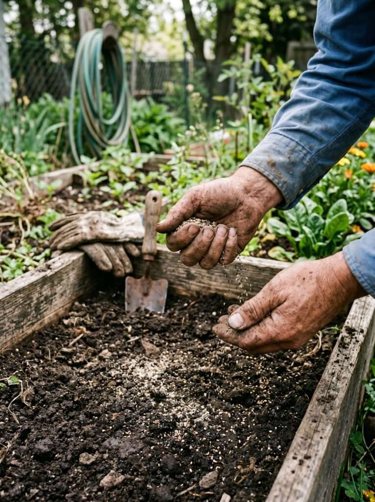 A close-up shot of a gardener's soil-stained hands gently scattering a mixture of small seeds and sand over a patch of loose garden dirt.