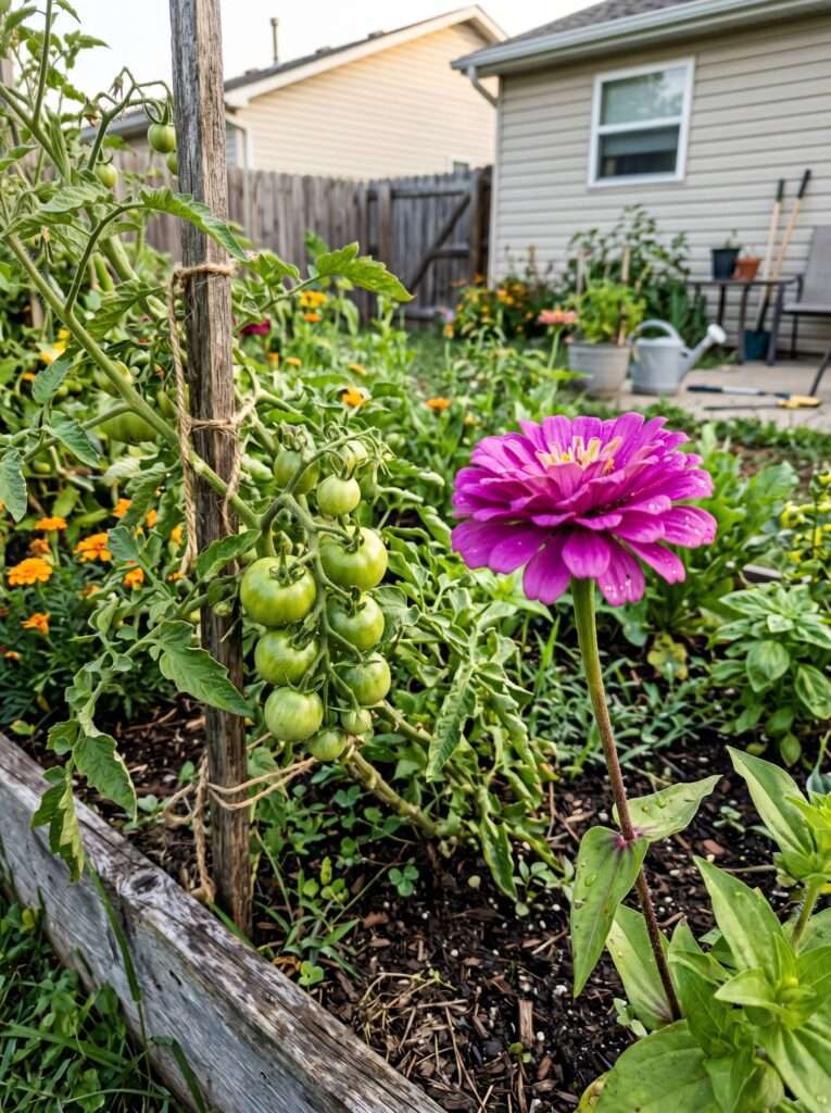 A vibrant close-up of a bright purple zinnia flower blooming directly alongside a cluster of unripe green tomatoes on a vine.