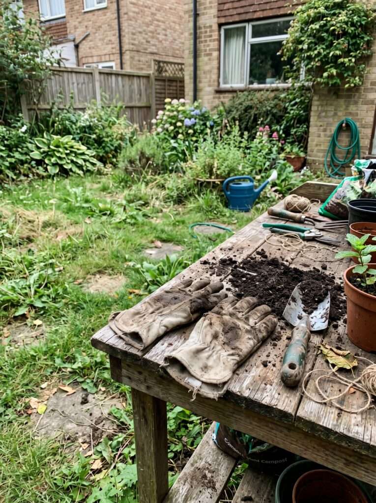 A pair of worn, muddy canvas gardening gloves sitting casually on a rustic wooden potting bench next to some loose soil.