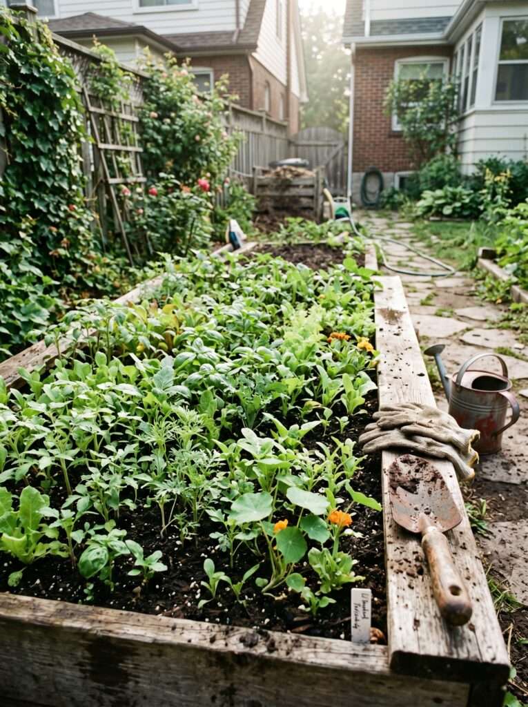 An overcrowded, dense patch of green vegetable and flower seedlings sprouting tightly together out of dark garden soil.