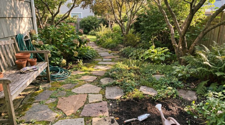 Authentic DIY stone garden path in a lush, real-life backyard setting.