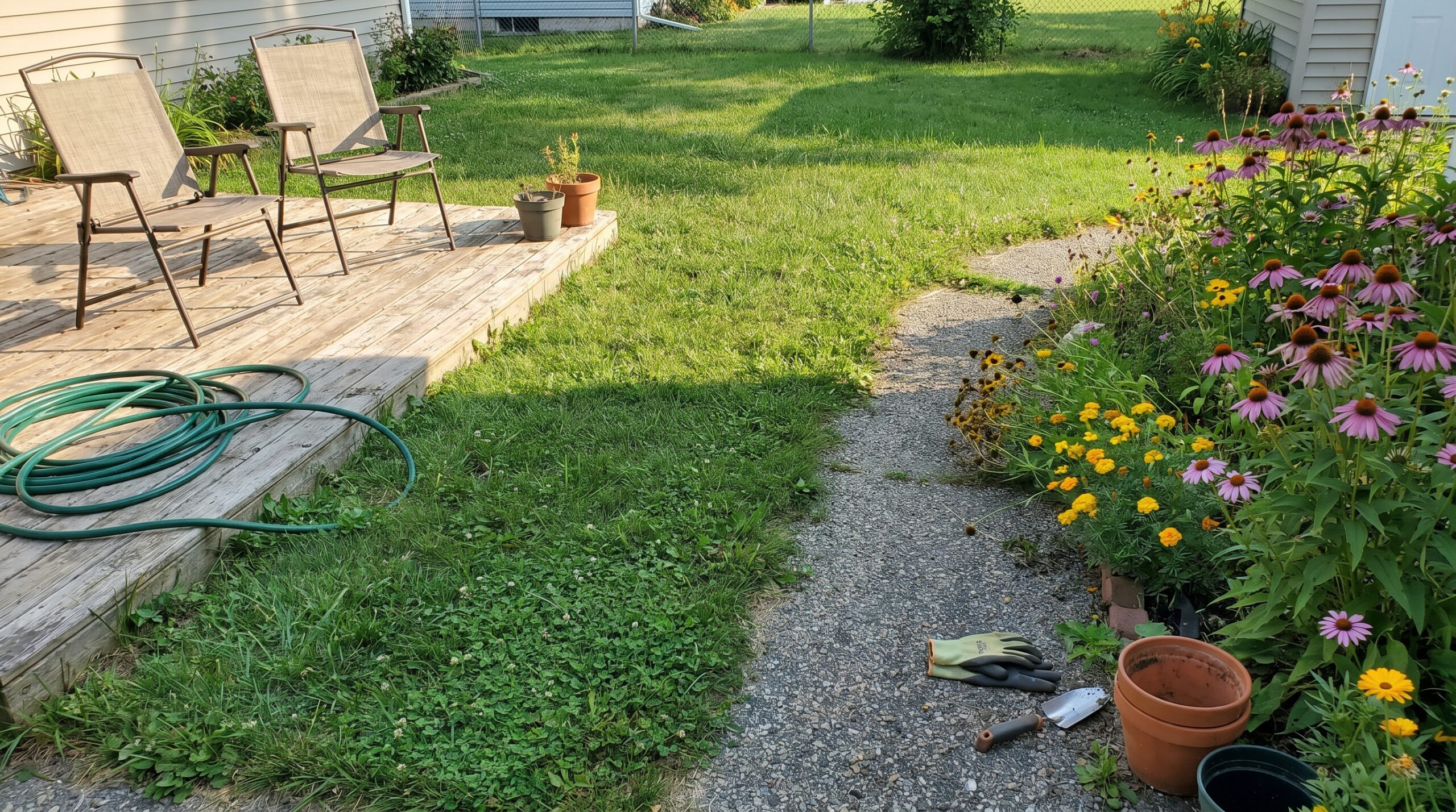 Real suburban backyard garden layout separating a clean human seating area from a dense pollinator flower border to attract bees safely away from paths.