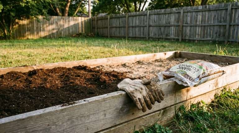 A realistic backyard garden bed at sunset, showing a mix of rich dark compost and dry summer soil with a pair of dirty canvas gloves resting on the wooden frame.
