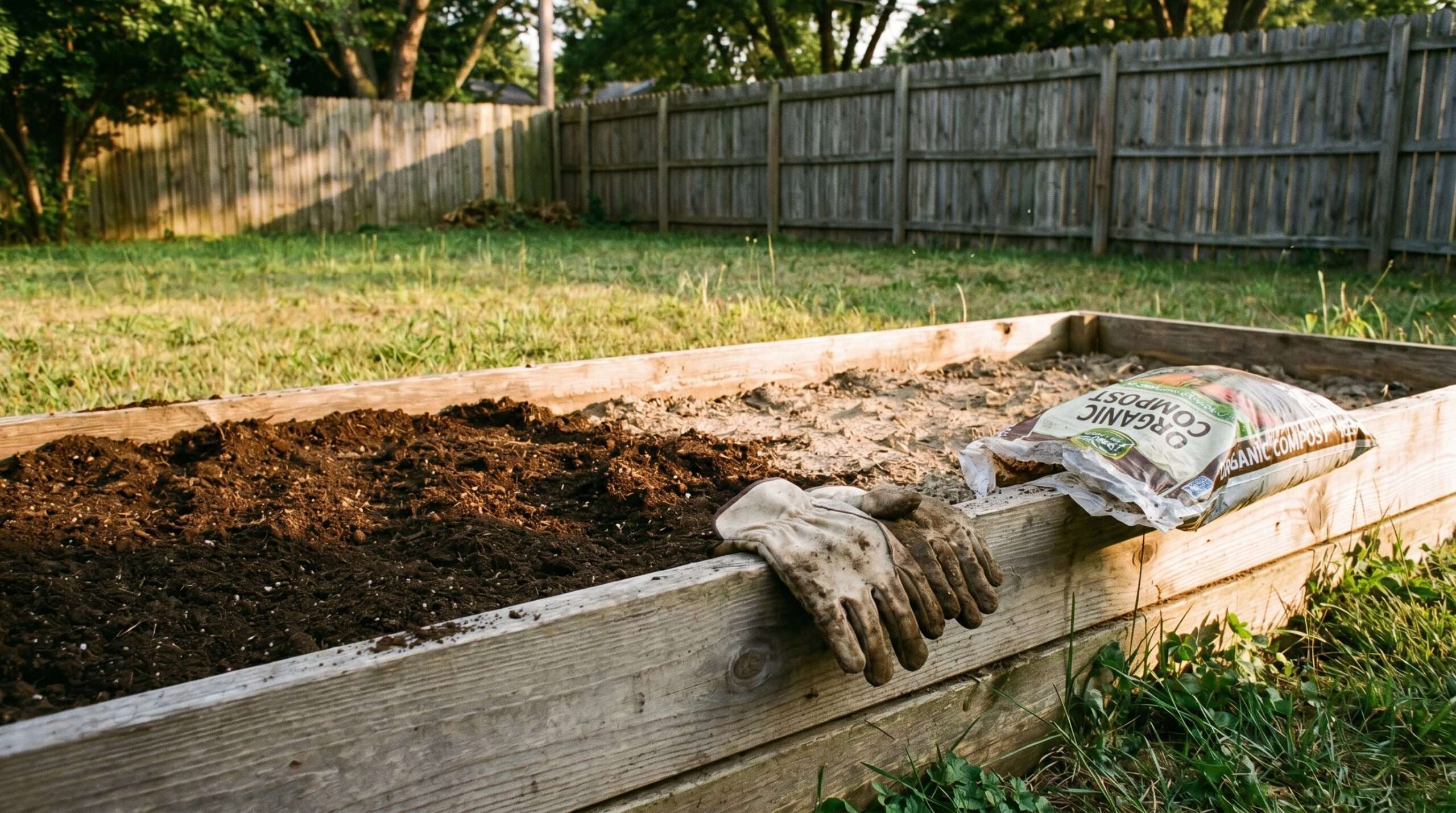 A realistic backyard garden bed at sunset, showing a mix of rich dark compost and dry summer soil with a pair of dirty canvas gloves resting on the wooden frame.
