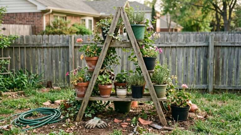 A realistic backyard vertical gardening setup with an A-frame trellis and various plants in natural afternoon light.