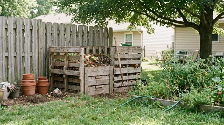 A DIY wooden pallet compost bin in a suburban backyard with gardening tools nearby and natural morning lighting.