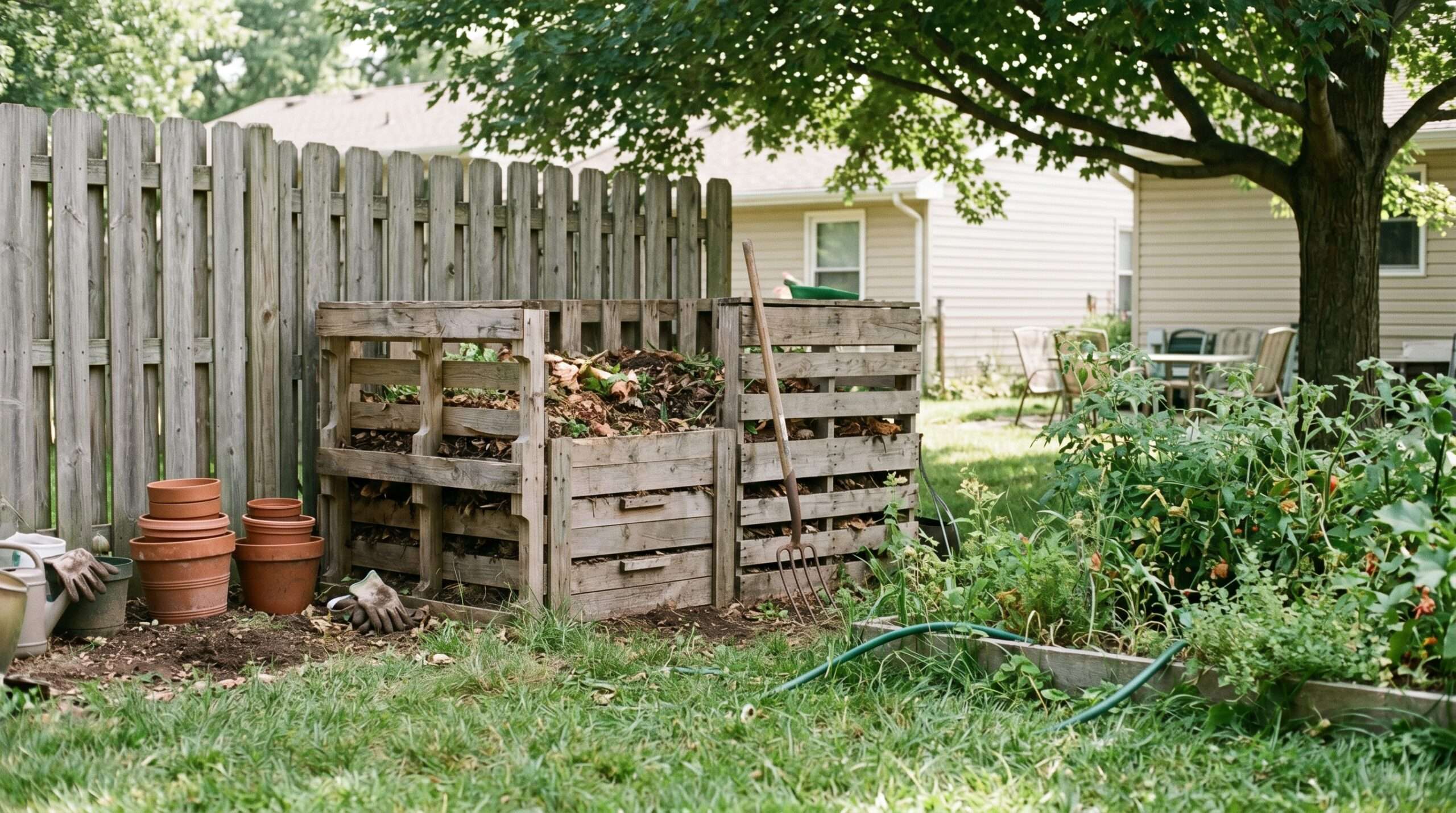 A DIY wooden pallet compost bin in a suburban backyard with gardening tools nearby and natural morning lighting.