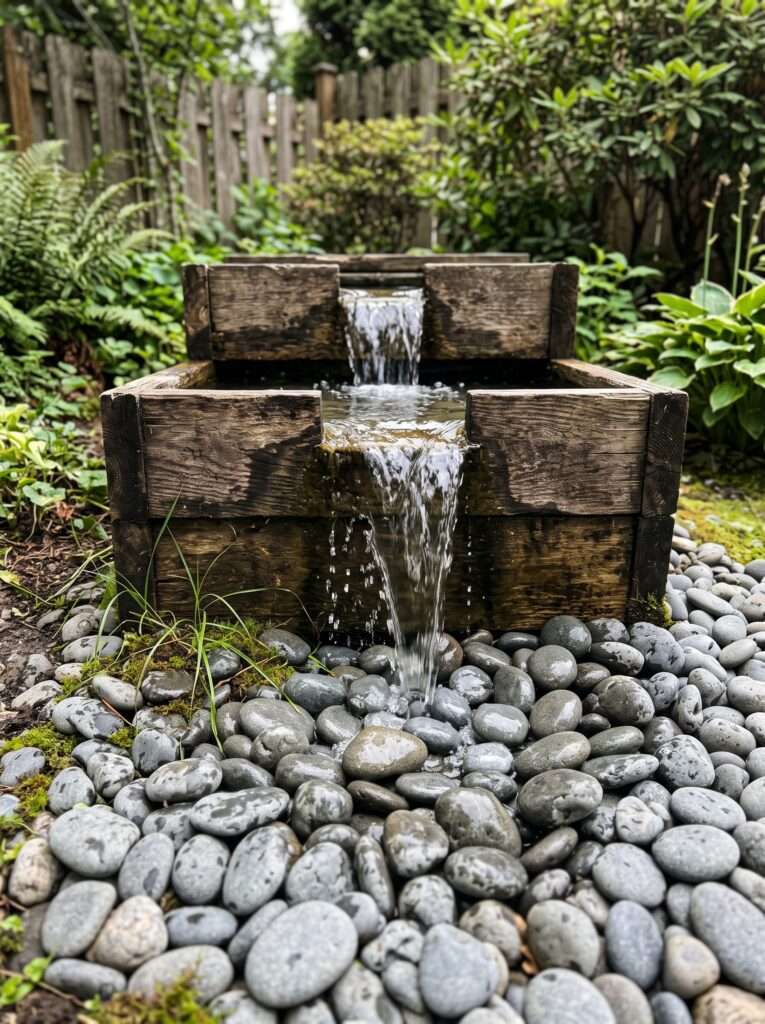 Tiered timber water cascade built into a sloped backyard garden bed with moss