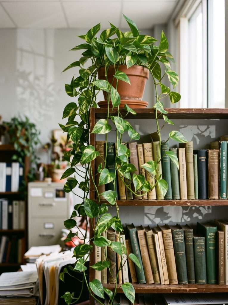 Golden pothos plant vines trailing down from a high office bookshelf over books.