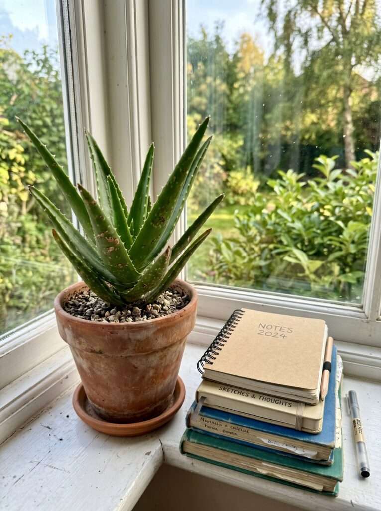Aloe vera plant in a terracotta pot on a sunny workspace window ledge.