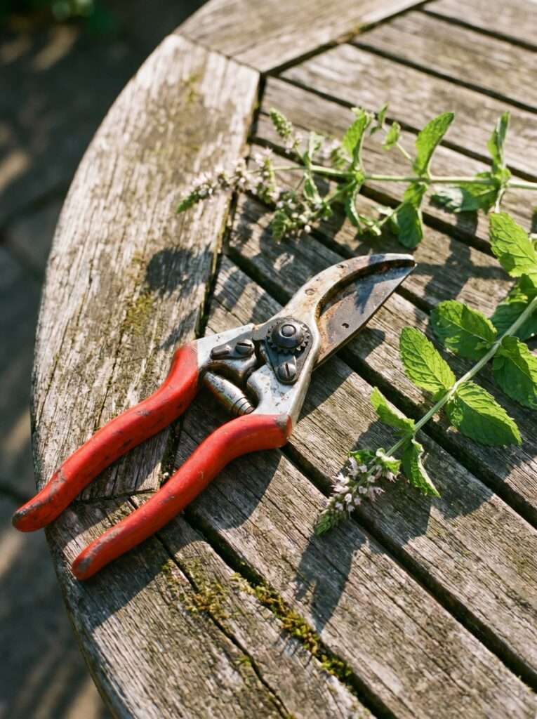 Classic red handled bypass pruners on a wooden table next to plant clippings