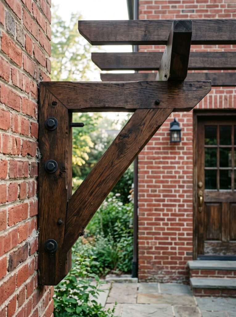 Dark stained wooden cantilever bracket holding pergola rafters against a red brick exterior wall.