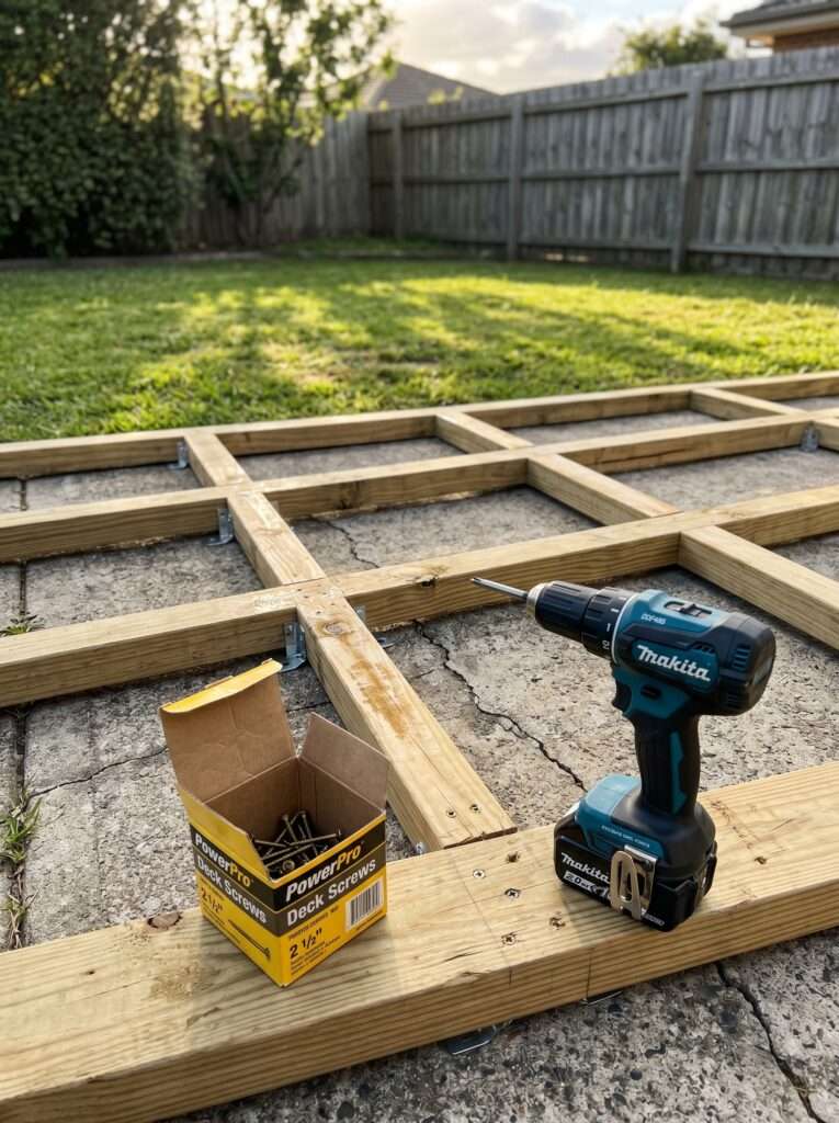 low profile wooden deck sleeper grid being installed over old concrete patio slab