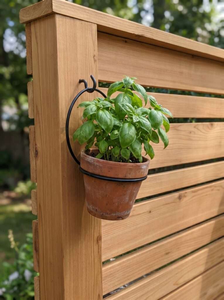 A finished modern boho slatted privacy screen with a hanging herb pot attached to the wood.