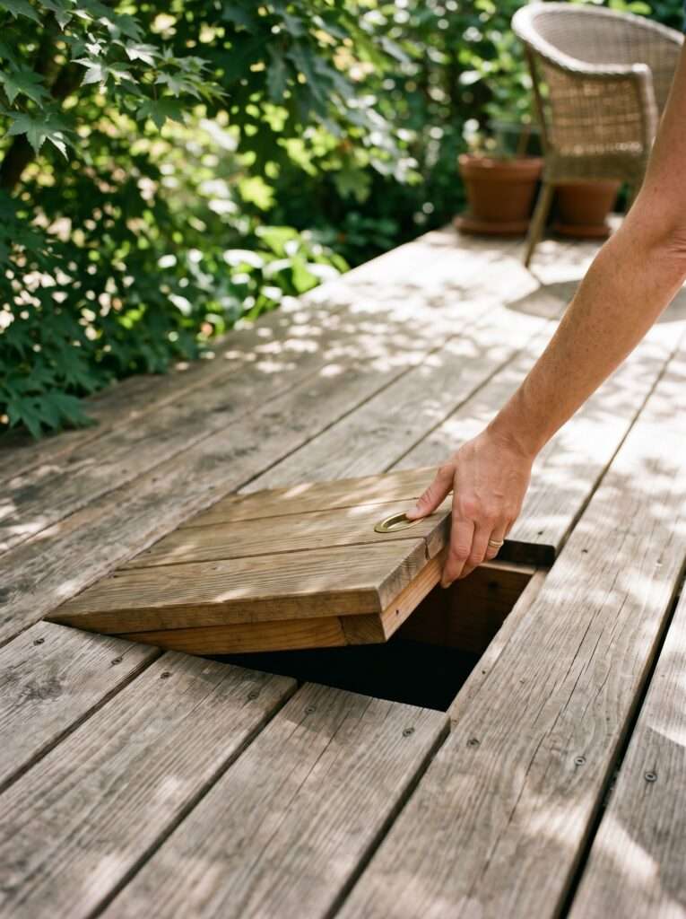 removable wooden hatch panel hidden inside a low profile patio deck floor