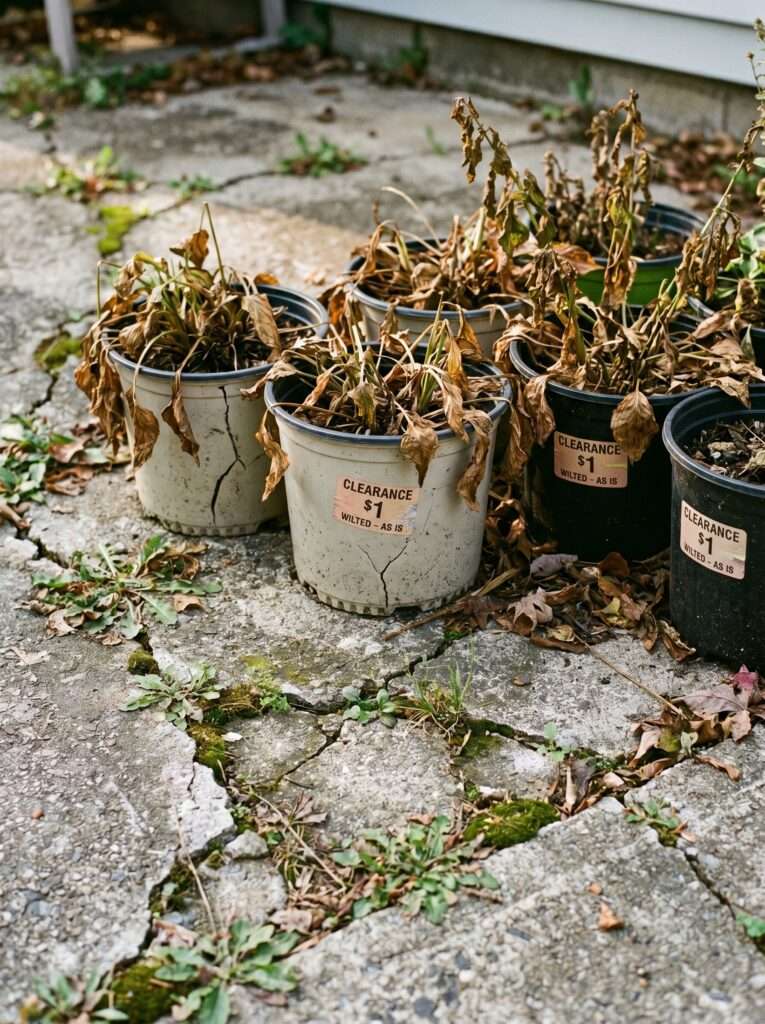 Half-dead clearance rack perennials in plastic pots before being planted.