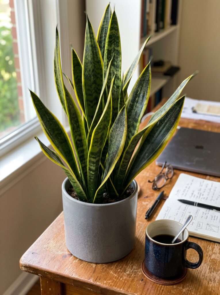 Tall snake plant in gray ceramic pot on a wooden office desk next to a coffee mug.