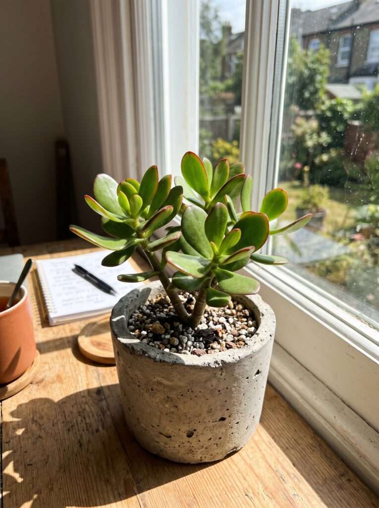 Small jade succulent plant in a concrete pot on a sunlit office windowsill.