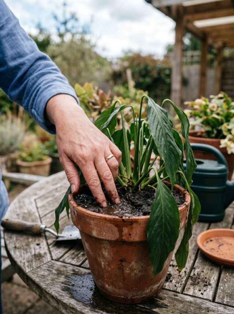 A gardener checking the wet soil of a wilting indoor plant on a backyard patio table.
