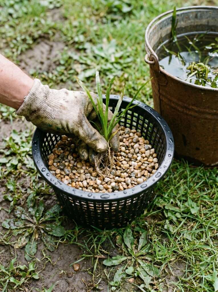 Planting a marginal aquatic plant in a mesh pond basket filled with pea gravel for a small patio water feature.