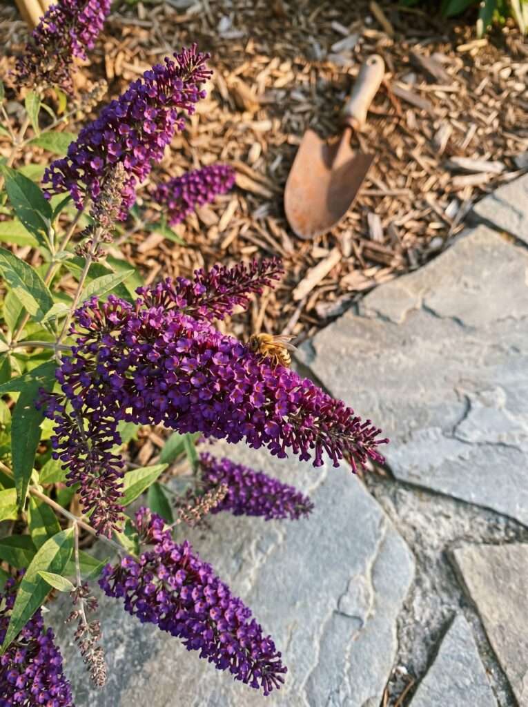 Purple butterfly bush blooming next to a stone patio layout.