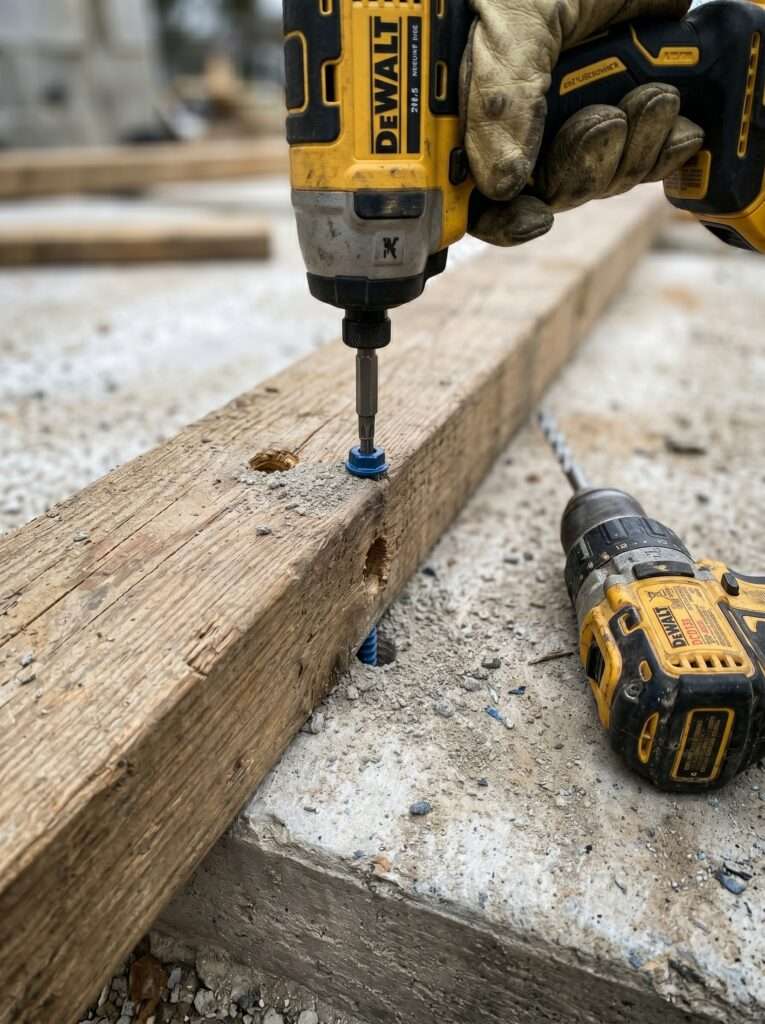 blue masonry anchor screw being driven through wood into a concrete patio slab