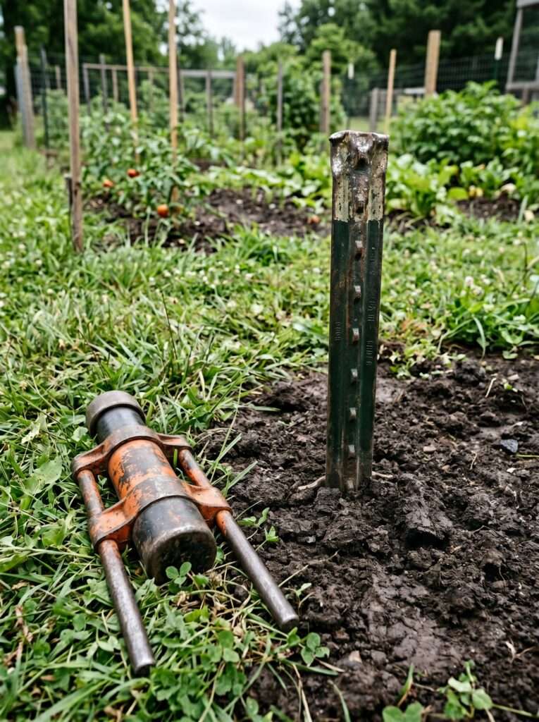 A close-up shot of a steel T-post driven deep into dark, rich garden soil with a heavy metal post driver resting nearby on uneven grass.