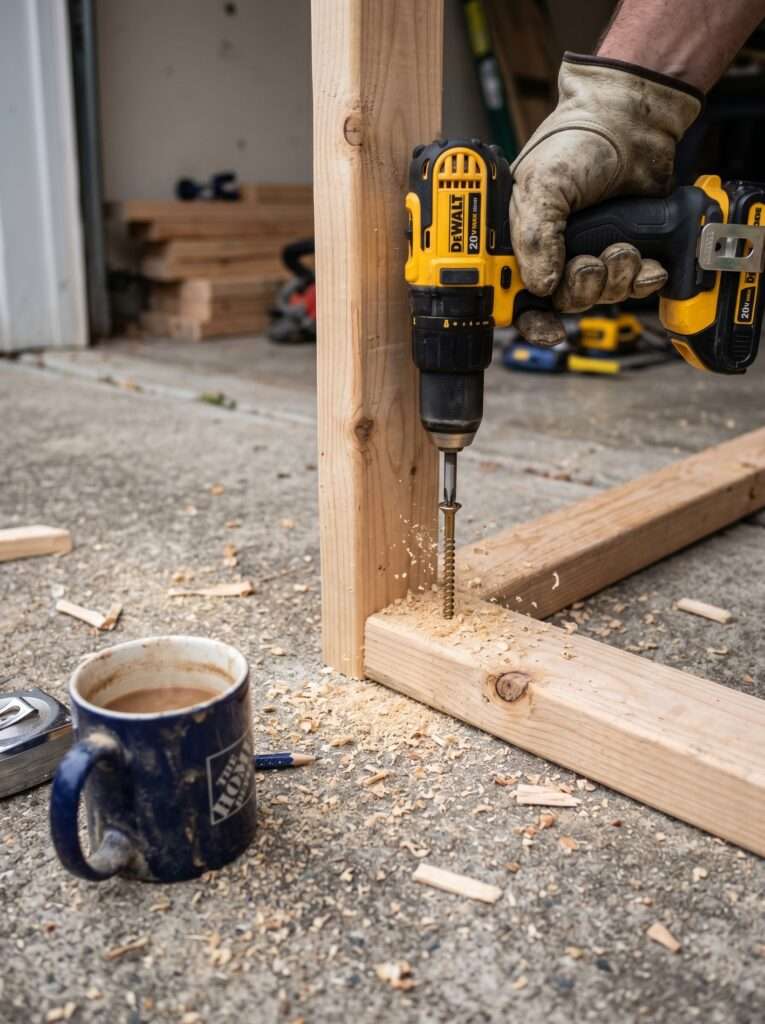 Assembling a simple 2x4 wood frame corner using deck screws on a driveway workspace.
