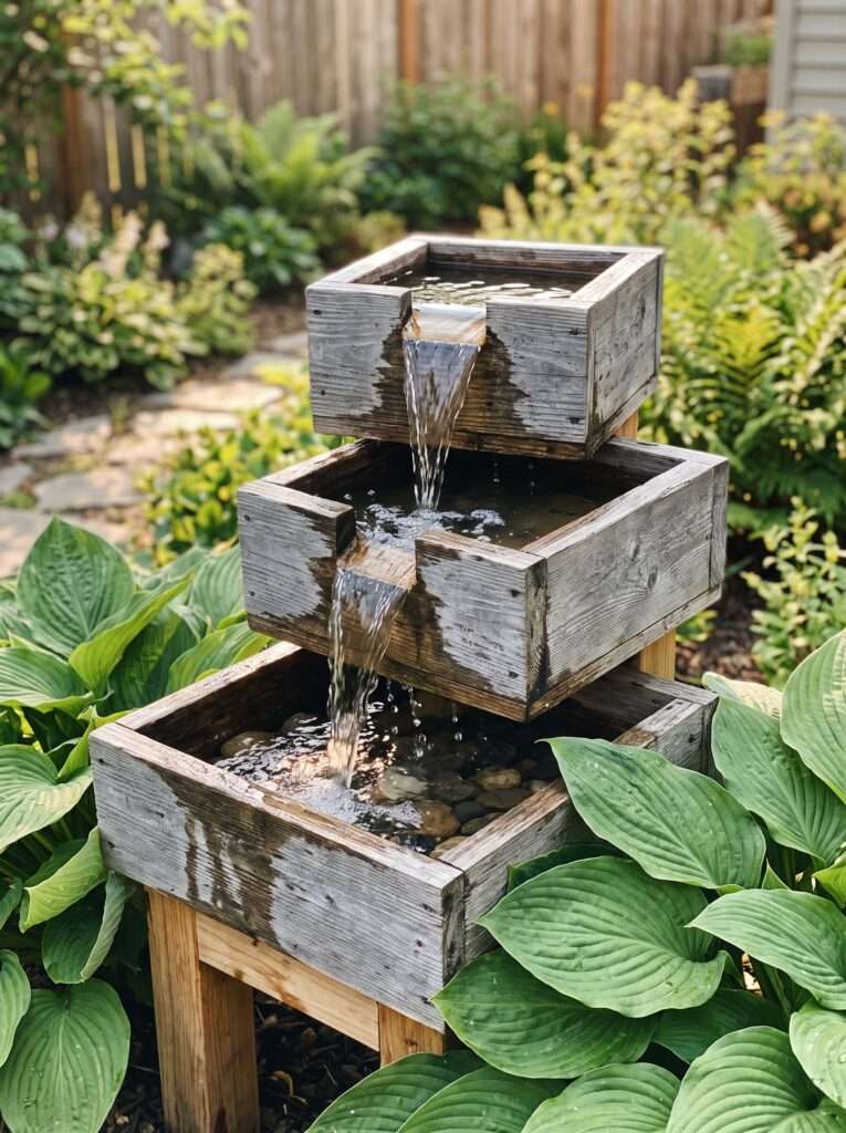 Weathered scrap wood three tier water cascade box sitting among garden hostas
